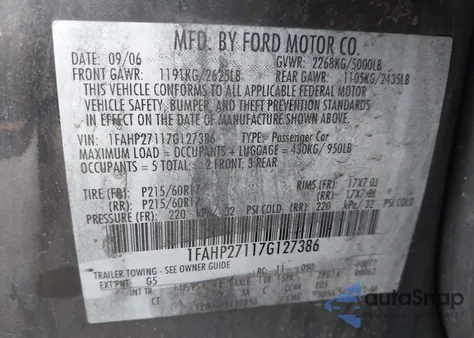 2007 Ford Five Hundred Sel from USA, damaged, VIN 1FAHP27117G127386